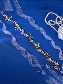 1pc Elegant Alloy Leaf & Flower Hairband, Inlaid With Sparkling Rhinestones, Stylish Design, Suitable For Weddings, Parties, Evening Events, And Daily Wear - Gold - View 4