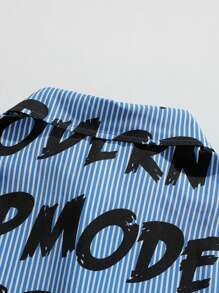 Men's Fashionable Striped Letter Print Short-Sleeved Shirt, Outdoor And Casual Loose-Fit Soft Boyfriend-Style Polo Collar Top - Blue - View 5