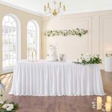 1PC Biała poliestrowa spódnica stołowa (do prostokątnego stołu), odporna na zagniecenia plisowana marszczona obrus, odpowiednia na przyjęcia urodzinowe, bankiety i wesela - Biały - Zobacz 8