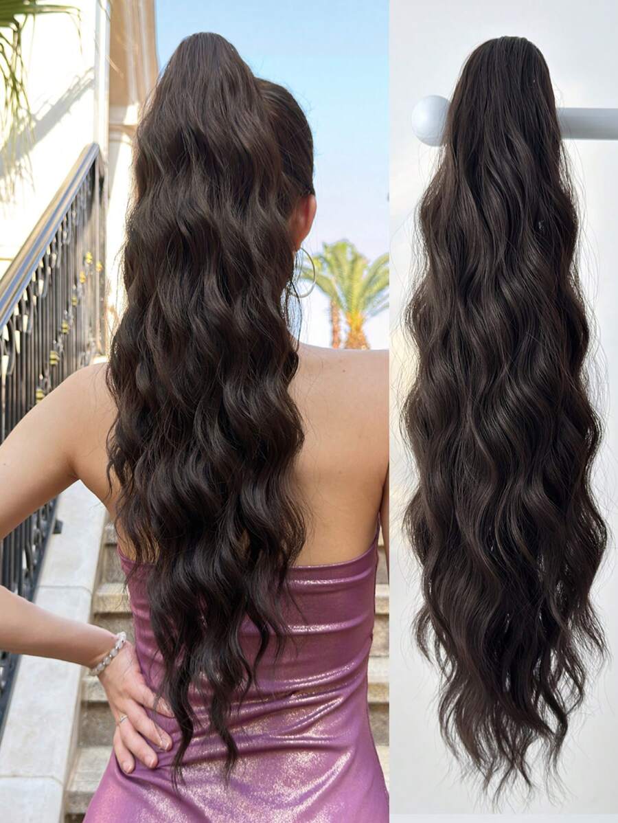 Claw Ponytail Extension Hair Dark Brown 24 Inch Long Water Wave Heat Resistant Fiber Synthetic Ponytail Hairpiece For Women Girls Daily Use - Brown - View 1