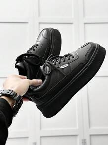 Thick Sole Round Toe Breathable Student Lace-Up Canvas Shoes Men, Solid Color Small Leather Casual Skate Shoes, Anti-Slip Work Shoes - Black - View 3