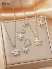 Hihho 3 pièces/set collier pendentif fleur et boucles d'oreilles en acier inoxydable, avec zircone cubique brillants incrustés. Bijoux pour femmes, disponibles en or et argent. Meilleur cadeau