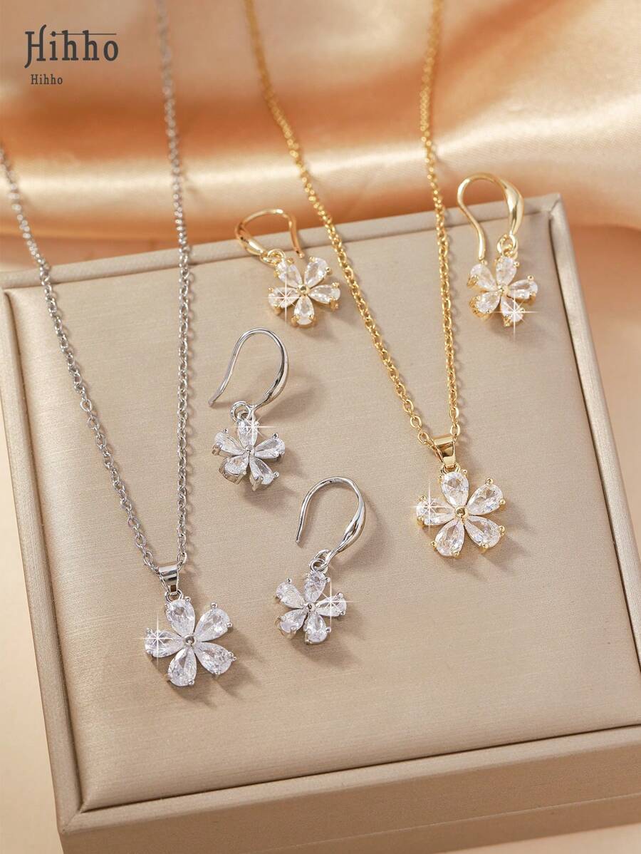 Hihho 3 pièces/set collier pendentif fleur et boucles d'oreilles en acier inoxydable, avec zircone cubique brillants incrustés. Bijoux pour femmes, disponibles en or et argent. Meilleur cadeau