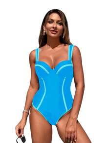 Women's Contrast Color Tankinis Swimsuit Sleeveless V-Neck Backless Summer Bathing Suit - Blue - View 1