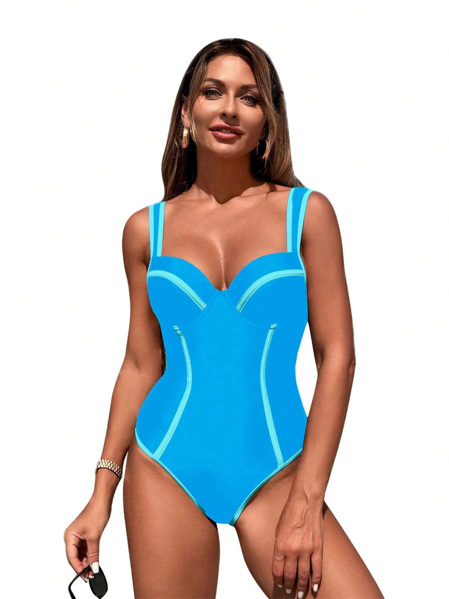 Women's Contrast Color Tankinis Swimsuit Sleeveless V-Neck Backless Summer Bathing Suit - Blue - View 1