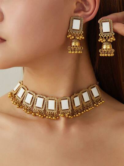 1 Set Vintage South Asian Style Multi-Rectangular Necklace & 1 Pair Retro Earrings, Suitable As Mother's Day Gift, Party, Wedding Bridesmaid, Daily Wear