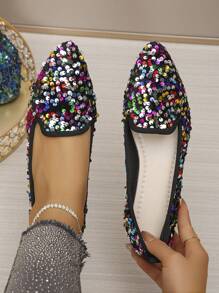 Plus Size Women's 35-45 Pointed Toe Flats, New Autumn Outdoor Daily Casual Loafers, Fashion Soft Bottom Work Driving Sequin Flat Shoes, Comfortable Versatile Skirt Pairing Slip-On Flats - Rainbow Sequins - View 2