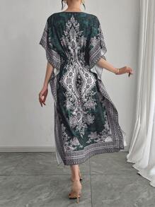 Middle Eastern Style Loose V-Neck Breathable High-End Quality Casual Reversible Elastic Waist Slimming Vacation Short Sleeve Dress, Plus Size Abaya Robe Caftan Arabian Traditional Festival Party Formal Gown