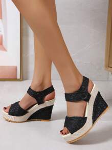 New Arrival Stylish Elegant Platform Thick Sole Comfortable Women's Sandals - Wedge Heel Sandals With Hook-And-Loop, Thick Bottom Platform Shoes, Breathable Lace Hollow Out Wedge Sandals, Open Toe Waterproof Platform High Heel Sandals For Women, Versatile Banquet Matte Shoes