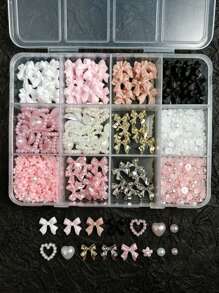 12-Compartment Box Mixed Resin Pearl Bow, Heart, Mini Floral Decor For DIY Nail Art Accessories, Versatile & Cute