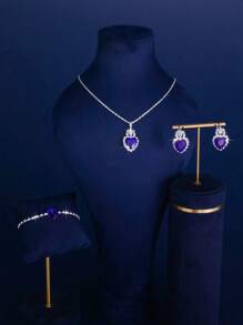 4 件/套水晶心形项链、1 对耳环、手链、戒指、吊坠首饰套装，适合送给她的情人节礼物 - 藍色 - 查看 8