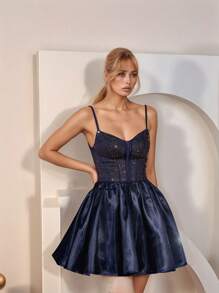 Glamorous Rhinestones Decor Mesh Contrast Open Back Criss-Cross Strap Flare Hem Party Cocktail Dress, Wedding Guest Dress - Navy Blue - View 1