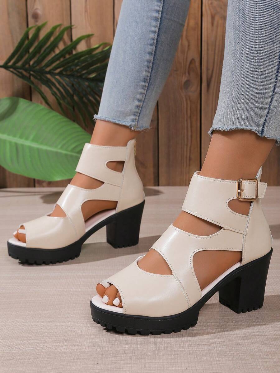 Women's Thick Heel Peep Toe Hollow Back Zipper Fashion Party Wear Chunky Heel Sandals - Beige - View 1