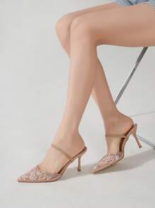 Women's Breathable Embroidered Mesh Black High Heels, Fashionable Pearl Embossed Mesh Design Apricot High Heels, Suitable For Wedding, Prom, Sexy Party, Mother's Day