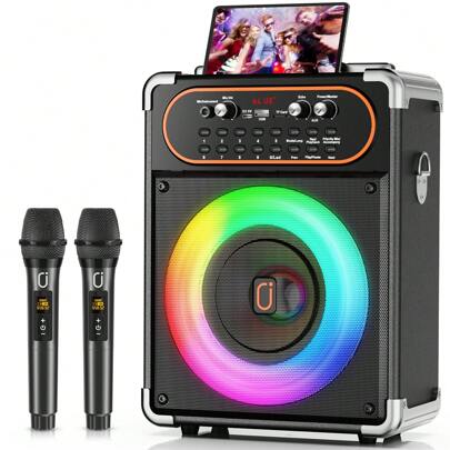 JYX Máquina de karaoke JYX con 2 micrófonos, altavoz portátil Bluetooth 5.3 para eventos al aire libre, reuniones y fiestas, sistema de sonido con ajuste de eco para adultos, compatible con conexión de TV mediante auxiliar.