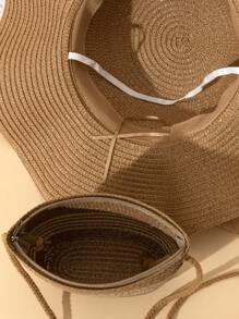 2Pcs Women Khaki Beach Sun Visor Wave Straw Hat & Crossbody Straw Tote Bag Set, Suitable For Travel & Vacation