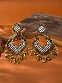 1pair Luxurious Vintage Heart-Shaped Rhinestone Earrings,South Asian Style Alloy Birdcage Pendant Jhumka Suitable For Women's Daily Wear, Party Jewelry