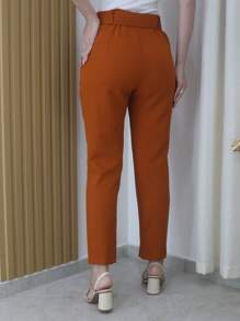 Women's Tailored Formal Pants In Polyester Elastane With Belt - Maxma 6622 - Brown - View 3