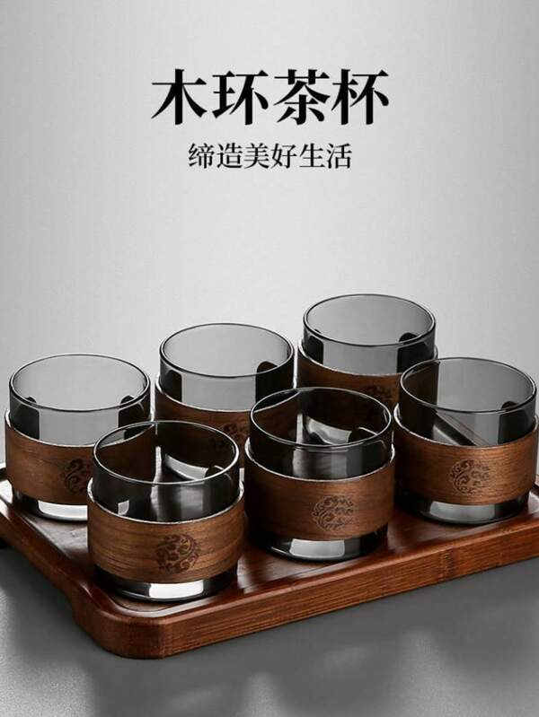 Hochwertiges Borosilikarglas Kung Fu Tee-Set, Glas Teeschale mit Walnuss-Holz Antiskald-Einzeltasse, Premium Haushalt Teetasse Schulanfang
