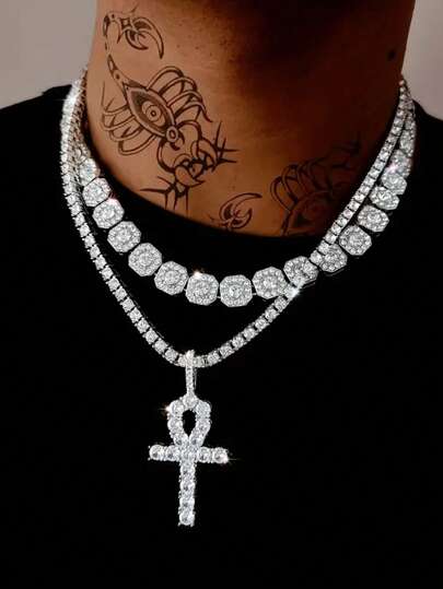 1 套立方体设计吊坠项链、网球链项链和吊坠项链，男士百搭时尚首饰，适合日常佩戴