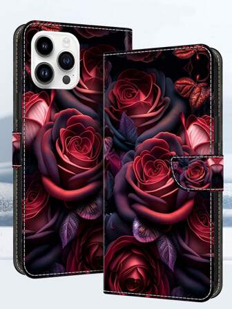 GLANDOTU Elegant Black Rose Wallet Phone Case PU Leather Material With Card Slots Magnetic Closure Folding Stand Suitable For Multiple Phone Brands And Models Waterproof Shockproof Anti-Fall Scratch Resistant