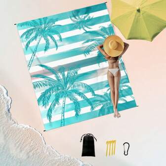 1 件 185*235 厘米条纹棕榈树印花防水防沙沙滩毯，超大，轻便，适合海滩、度假、旅行、户外露营、野餐夏季旅行、度假浴室装饰海滩必需品