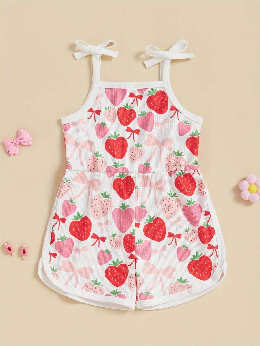 Toddler Baby Girl Summer Clothes Floral Romper Tie-Up Strap Halter Jumpsuit Infant Summer Sling Playsuit 6M-3T - 紅白色 - 查看 1