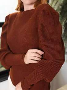 Women's Winter Cold Weather Puff Sleeve Princess Long Pleated Knit Sweater Top - Rust Brown - View 3