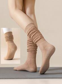 1 par de calcetines de yoga y pilates para mujer, antideslizantes y de terciopelo grueso, adecuados para deportes en interiores, fitness, running, apilables para pantorrilla, para gimnasio, otoño - Negro - Ver 9