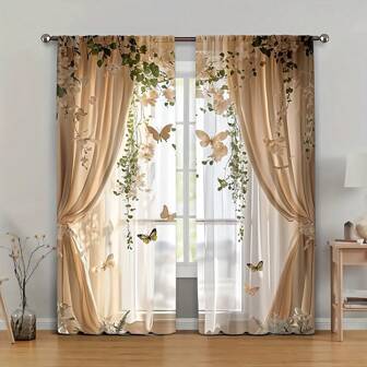 2pcs European Style Fake Window Curtain, Home Textile Window Decoration, Curtain Rod Pocket Digital Printing Curtain, Polyester Material, Suitable For Living Room, Kitchen, Bedroom, Study, Dining Room, Home Decor