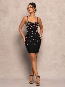 Spring And Summer Suspenders Three-Dimensional Flowers Diamond Bandage Slim Hip Dress - Black - View 1