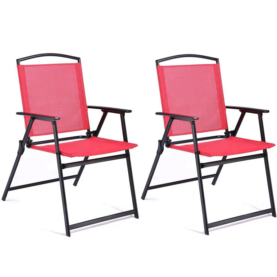 Folding Patio Lawn Chairs Set Of 2 Backrest Portable Outdoor/Indoor Seats With Armrests(Red)
