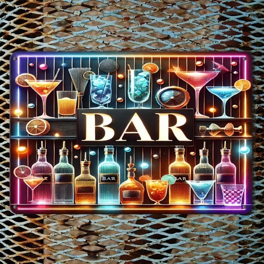 1 Peça Letreiro de Luz de Néon Vintage "Bar", Arte de Parede de Metal Esculpido em Folha de Ferro, 20 cm x 30 cm, Decoração Retrô de Bar para Casa, Adequado para Caverna Masculina, Garagem e Espaço Externo, Iluminação de Garagem | Letreiro de Luz de Néon Retrô | Obra de Arte em Folha de Ferro, Decoração de Parede com Luz de Néon, Perfeito para Decoração de Quarto