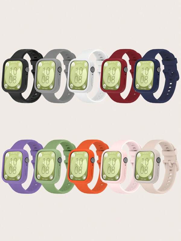 Set de 2 piezas: Correa de reloj de silicona desmontable de unicolor + Funda protectora de silicona de marco completo compatible con Huawei Watch Fit 3
