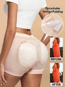 Lace Butt Lifting Tummy Control Shapewear Shorts With Detachable Sponge Padding Panties Seamless - Apricot - View 1
