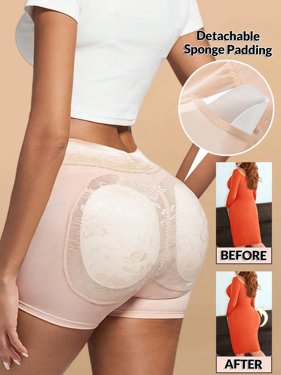 Lace Butt Lifting Tummy Control Shapewear Shorts With Detachable Sponge Padding Panties Seamless - Apricot - View 1