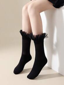 1 Pair Girls Mid-Calf Socks With Bow Decor, Cute Butterfly Lace Crew Socks, Versatile For Daily Wear, Summer - Red - View 23