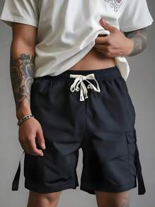 Men's Casual Cargo Shorts With Drawstring Waist, Suitable For Summer Outdoor Wear - Black - View 1