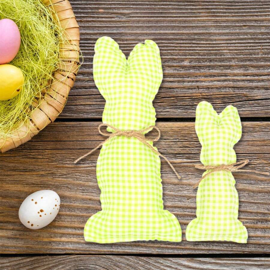 Decoraciones de mesa de Pascua, 2 piezas, lindas figuras de conejo de tela a cuadros/lunares, centros de mesa para decoración de fiestas en casa. - Verde - Ver 1