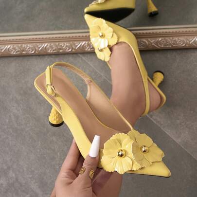 New 2024 Spring/Summer Floral Closed Toe Slingback Stiletto Heels Sandals, Sweety Mid Heel Women Shoes