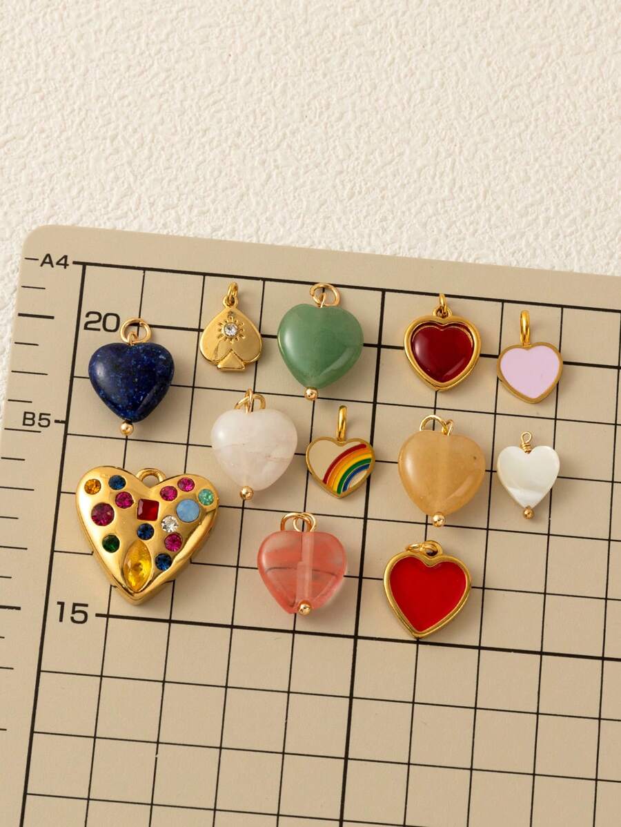 1Pc 18K Gold Plated Heart Charms, Natural Gemstone & Enamel Pendant, Rainbow, Red & Crystal Hearts, DIY Necklace & Bracelet Jewelry