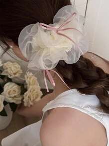 1个甜美韩式网纱蝴蝶结发圈，适合女性，可用于派对和正式场合，可作发绳、马尾辫发圈、发圈、发饰等。