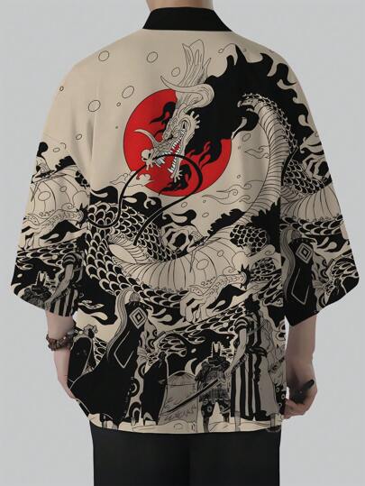Oversized Men's Vintage Dragon Patterned Kimono - Loose Fit, Sun Protection, Polyester, Casual Summer Style
