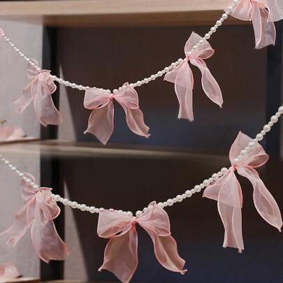 1Pc Pink Pearl Ribbon Garland, Sheer Bow Hanging Decoration For Spring, Wedding, Baby Shower, Mother's Day, Romantic Home Decor,Halloween Decoration,Fireplace Decoration