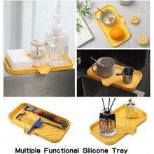 Silicone Bathroom Soap Dishes With Drain Spout-Bathroom And Kitchen Sink Organizer,Sponge Holder,Dish Soap Tray,Perfect For Dispenser,Scrubber,Bottle,Cup On Sink Or Counter-Coffee 4.9"*3.2" - 黃色 - 查看 5