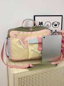 1 Piece Pink Nylon Casual Minimalist Zippered Drawstring Decorative Multi-Pocket Foldable Water-Resistant Zipper Crossbody Handbag Travel Bag (No Pendant) Suitable For Women Daily, Business Trip, Short-Distance Travel, Vacation, Clothing Storage, Weekend Bag - Pink - View 6