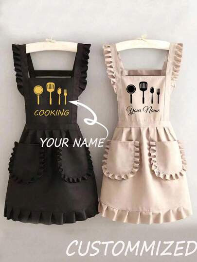 1pc Customized Printed Apron, Elegant Ladies Customized Printed Apron, Waterproof And Stain-Resistant, Cute Lace Skirt Apron, Black Stain-Resistant Apron, Sleeveless Apron, Suitable For Home, Kitchen, Nail Salon, Cooking, Baking, Nail Salon, Ladies Workwear, Cafe Smock, Household Cooking Cleaning Sleeveless Bib Apron, Customizable Text And Personalized Photo Cooking Supplies, Washing Gloves