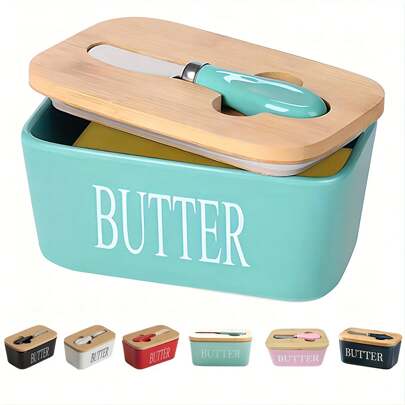 1pc Butter Dish With Bamboo Lid And Knife, Large Ceramic Butter Tray With Premium Silicone Seal, Suitable For Kitchen Baking And Gifts, Sealed Butter Keeper Container For Countertop Or Fridge, Home Kitchen Supplies