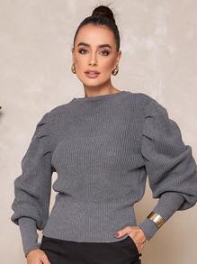 Women's Winter Cold Weather Puff Sleeve Princess Long Pleated Knit Sweater Top - 灰色 - 查看 1