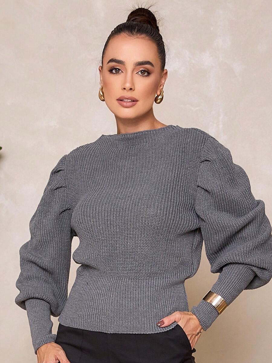 Women's Winter Cold Weather Puff Sleeve Princess Long Pleated Knit Sweater Top - 灰色 - 查看 1